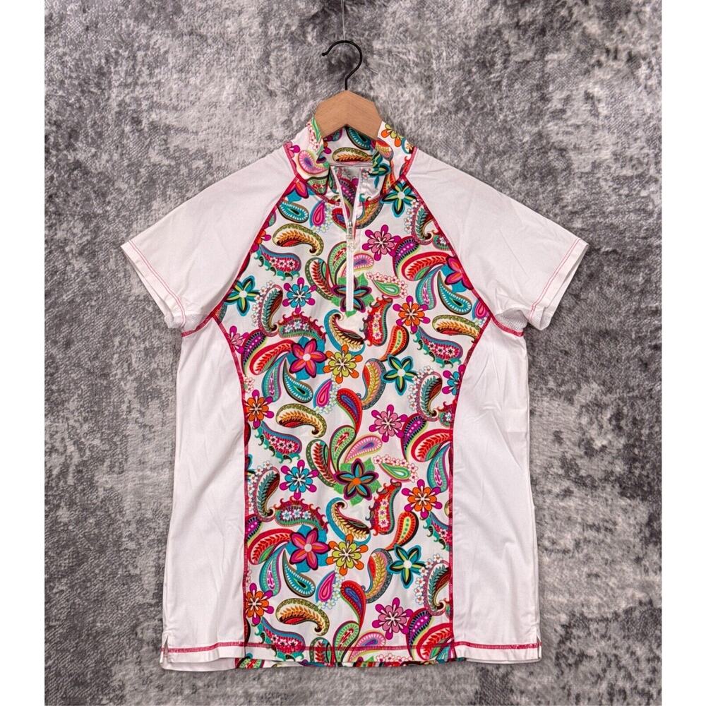 San Soleil 1/4 Zip Large Womens Paisley Floral Short Sleeve UPF 50 Golf